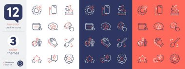 Yıldırımlar, Sevmeme ve Yatak Hattı simgeleri. Yemek kaşığı, Seo kıyafeti, yıldız ikonları dahil. Yıldızlar, el çırpma, dış kaynak iş ağları. Akıllı telefon, ayarlar, muhasebe. Vektör