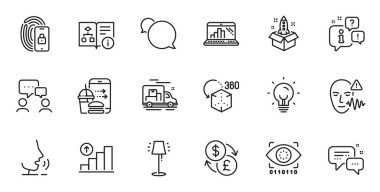 Web uygulaması için Kurye, Artırılmış Gerçeklik ve Başlangıç satırı simgelerinin ana hatları. Konuşma, bilgi, teslimat kamyonu taslak ikonu. Ses dalgası, grafik dizüstü bilgisayar, grafik çizelgesi simgeleri dahil. Vektör