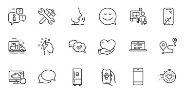 Web uygulaması için Smartphone, Smartphone ve Beyin Fırtınası simgelerinin ana hatları bozuk. Konuşma, bilgi, teslimat kamyonu taslak ikonu. Messenger, Smile, Buzdolabı ikonları dahil. Vektör