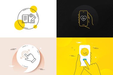 Minimum Sağlık Uygulaması, İnceleme ve Dokunmatik Ekran Jest Hattı simgeleri. Telefon ekranı, tırnak işareti. Mühendislik belgeli ikonlar. Web gelişimi için. Vektör