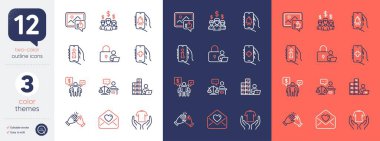 Maaş çalışanları, mesela fotoğraf ve takım çalışması ikonları. El çırpma, bilgi uygulaması, mahkeme yargıcı simgeleri dahil. Sağlık uygulaması, envanter, aşk mektubu web elementleri. Kilit, çan alarmı. Vektör