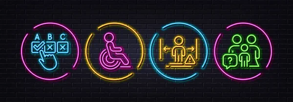 正しいチェックボックス 障害と社会的距離 の最小線アイコン ネオンレーザー3Dライト 家族の質問アイコン Web アプリケーション 印刷用 車椅子のユーザー 人々の保護 — ストックベクタ