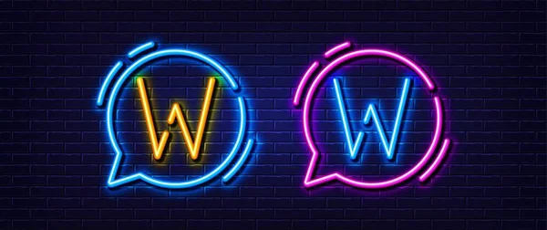 頭文字Wアイコン ネオンライン効果 線のタイポグラフィの文字記号 大きな最初のフォント文字 ネオンライトスピーチバブルを光る 文字Wグロー3Dライン レンガの壁のバナー ベクトル — ストックベクタ