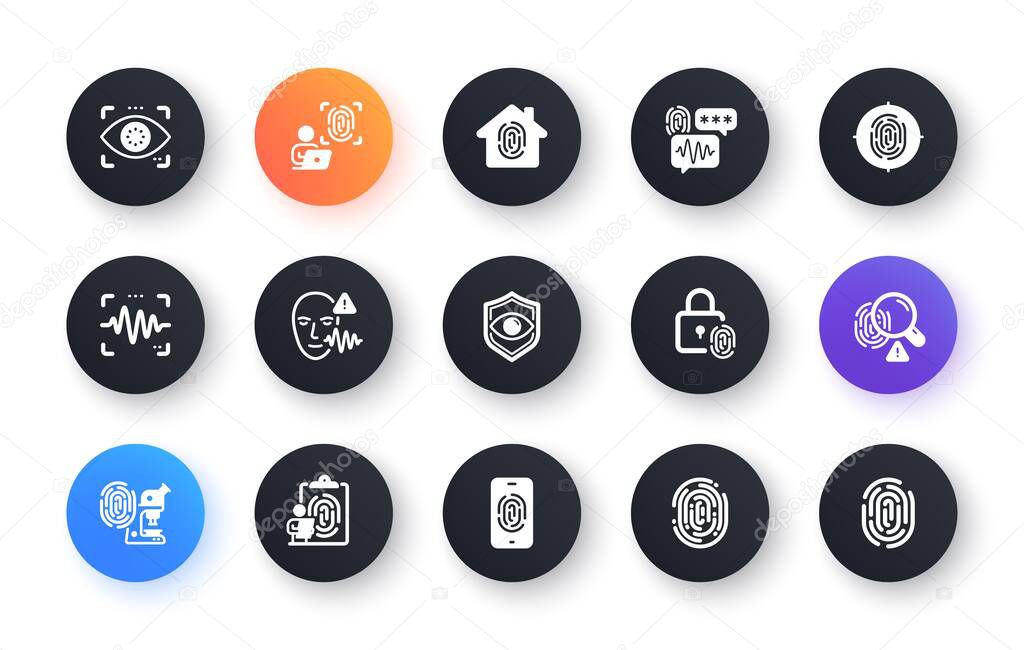 Biometric icons. Fingerprint access, Eye biometric and Voice recognition. Detect identity, Check finger access and Scan eye or voice icons. Identify user by fingerprint, secure id. Vector