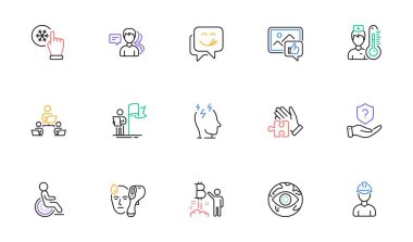 Siber saldırı, fotoğraf ve web sitesi için Foreman satırı simgeleri gibi. Bulmaca Koleksiyonu, Stres, Engellilik Simgeleri. Dondurucu tıkırtı, koruma kalkanı, termometre ağ elementleri. Vektör