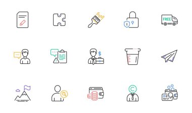Ücretsiz dağıtım, belgeyi düzenleme ve web sitesi ve yazdırma için kullanıcı satırı simgeleri bul. Pano koleksiyonu, Fırça, Kilit simgeleri. Kağıt uçak, bulmaca, dağ bayrağı ağ elementleri. Cüzdan parası. Vektör