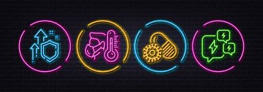 Güvenliğin arttırılması, Coronavirus hapları ve Hasta Adam 'ın çizgi simgeleri. Neon lazer 3D ışıklar. Stres simgeleri. İnternet, uygulama, baskı için. Artan güvenlik, aşı, sıcaklık artışı. Endişe sohbeti. Vektör