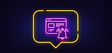 Neon ışığı konuşma balonu. İnternet bilgilendirme satırı simgesi. Alarm işareti. Web uyarı mesajı sembolü. Neon ışıklı arka plan. İnternet bilgilendirme hattı. Tuğla duvar afişi. Vektör