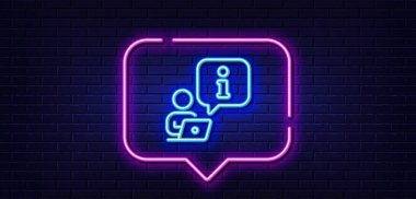 Neon ışığı konuşma balonu. Röportaj çizgisi simgesi. İş bilgisi imzası. Çevrimiçi iş toplantısı sembolü. Neon ışıklı arka plan. Röportaj cümlesi. Tuğla duvar afişi. Vektör