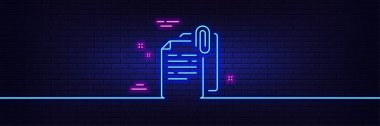 Neon ışık efekti. Belge ekleme satırı simgesi. Ataç işaretli dosya. Ofis sembolü. 3D çizgi neon ışıklı ikon. Tuğla duvar afişi. Belge ekleme taslağı. Vektör