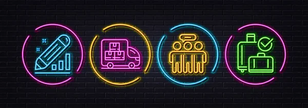 Grupo Empleados Camión Entrega Editar Estadísticas Iconos Línea Mínima Luces — Vector de stock