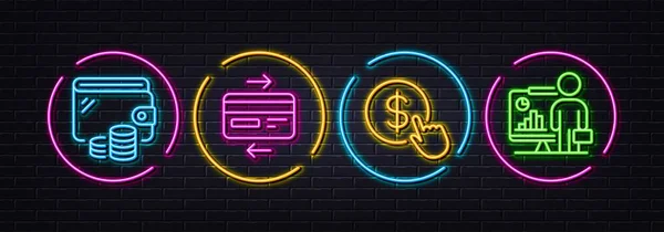 Para Cüzdan Kredi Kartı Ikonları Neon Lazer Işıklar Öğretmen Simgeleri — Stok Vektör