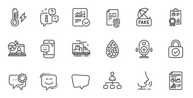 İnternet uygulaması için Çevrimiçi Kimya, Yönetim ve Gülümseme yüz çizgisi simgelerinin ana hatları. Konuşma, bilgi, teslimat kamyonu taslak ikonu. Rapor belgesi, teftiş, gülümseme simgeleri dahil. Vektör