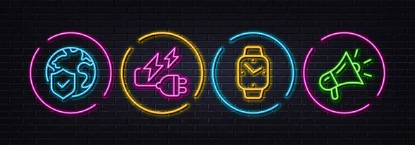 Seguro Mundial Smartwatch Electricidad Enchufe Iconos Línea Mínima Luces Láser — Vector de stock