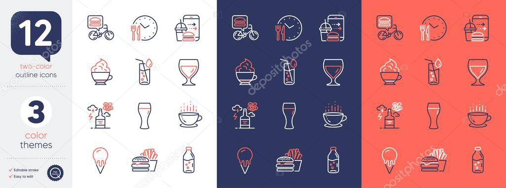 Set of Beer glass, Food order and Ice cream line icons. Include Food delivery, Coffee cup, Cappuccino cream icons. Water bottle, Wine glass, Alcohol addiction web elements. Burger. Vector
