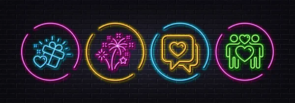 Vuurwerk Liefde Geschenk Hart Minimale Lijn Pictogrammen Neon Laser Lichten — Stockvector