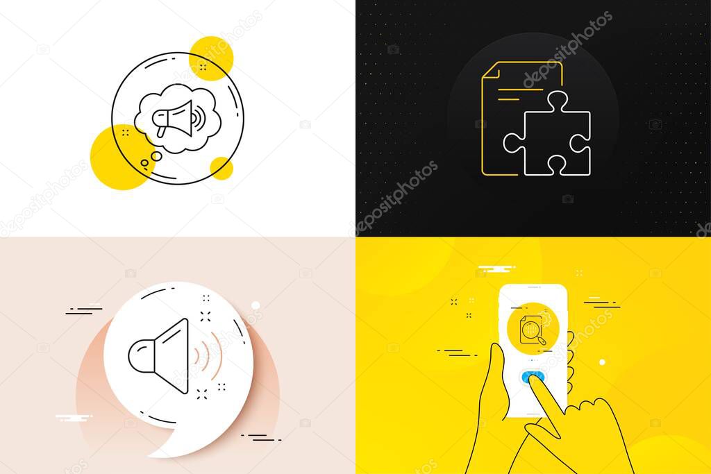 Minimal set of Loud sound, Megaphone and Seo stats line icons. Phone screen, Quote banners. Strategy icons. For web development. Music, Brand message, Cogwheel. Puzzle. Loud sound line icon. Vector