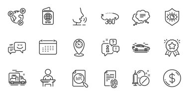 Dolar parasının ana hatları, sıralama yıldızı ve web uygulaması için zaman çizelgesi simgeleri. Konuşma, bilgi, teslimat kamyonu taslak ikonu. Arama dosyası, araba, video konferans simgeleri dahil. Vektör
