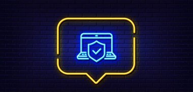 Neon ışığı konuşma balonu. Laptop sigorta el hattı ikonu. Risk sigortası işareti. Defter koruma sembolü. Neon ışıklı arka plan. Laptop sigorta hattı. Tuğla duvar afişi. Vektör