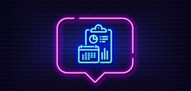 Neon ışığı konuşma balonu. Muhasebe takvimi simgesi. Yıllık rapor işaretini hesapla. Bütçe planlayıcısı sembolü. Neon ışıklı arka plan. Parıltı hattı rapor edildi. Tuğla duvar afişi. Vektör