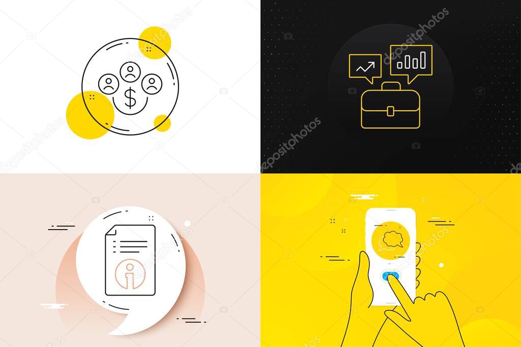 Minimal set of Chat message, Buying currency and Technical info line icons. Phone screen, Quote banners. Business portfolio icons. For web development. Vector