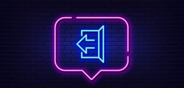 Neon ışığı konuşma balonu. Çıkış ok çizgisi simgesi. Sembolü imzala. Navigasyon göstergesi. Neon ışıklı arka plan. Işıltı çizgisini imzala. Tuğla duvar afişi. Vektör