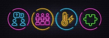 Takım çalışması soruları, elektrik gücü ve Equity minimal çizgi simgeleri. Neon lazer 3D ışıklar. Bulmaca simgeleri. İnternet, uygulama, baskı için. Takım yardımı, elektrik enerjisi, sosyal eşitlik. Vektör