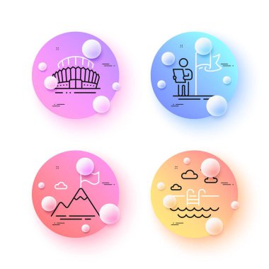 Dağ bayrağı, liderlik ve yüzme havuzu simgeleri. 3 boyutlu küreler ya da top düğmeleri. Spor stadyumu ikonları. İnternet, uygulama, baskı için. Başarı müsabakası, Kazanan Bayrak, Havza. Vektör