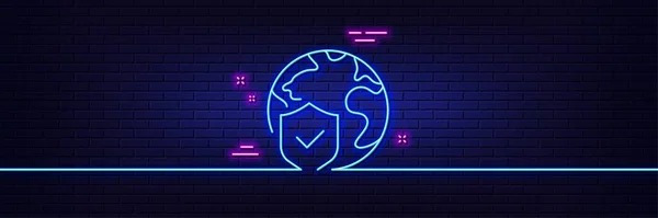 Neon Licht Gloed Effect Wereld Verzekeringslijn Icoon Wereldwijd Bedrijfsbeschermingsteken Internet — Stockvector