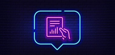 Neon ışığı konuşma balonu. Rapor satırı simgesini beklet. Analiz Çizelgesi ya da Satış Büyüme İşareti. İstatistik veri sembolü. Neon ışıklı arka plan. Belge parlama hattı. Tuğla duvar afişi. Vektör