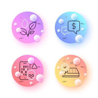 Ödeme alındı, siber saldırı ve santraller asgari hat simgelerini suluyor. 3 boyutlu küreler ya da top düğmeleri. Yatak garantisi simgeleri. İnternet, uygulama, baskı için. Para, telefon korsanı, su damlası. Vektör