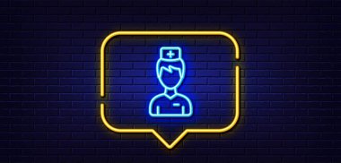 Neon ışığı konuşma balonu. Doktor çizgisi simgesi. İlaç ilaç işareti. Eczane ilaç sembolü. Neon ışıklı arka plan. Doktor Parıltı Hattı. Tuğla duvar afişi. Vektör