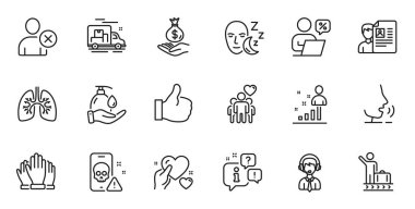 Wash Hands 'in ana hatları, online indirimler ve web uygulaması için siber saldırı hattı simgeleri. Konuşma, bilgi, teslimat kamyonu taslak ikonu. Hold Heart, Job röportajı, ikonlar gibi. Vektör