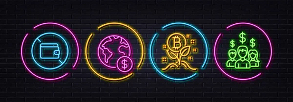 Globalny Biznes Projekt Bitcoin Minimalne Ikony Portfel Linii Neonowe Światła — Wektor stockowy