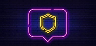 Neon ışığı konuşma balonu. Kalkan hattı simgesi. Gizlilik uyarısı. Güvenli savunma sembolü. Neon ışıklı arka plan. Kalkan parlama hattı. Tuğla duvar afişi. Vektör