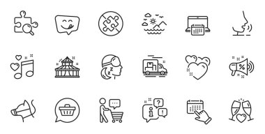 Web uygulaması için indirimli megafon, uykusuzluk ve sirk hattı simgeleri. Konuşma, bilgi, teslimat kamyonu taslak ikonu. Takvim, deniz dağları, kalp simgeleri dahil. Vektör