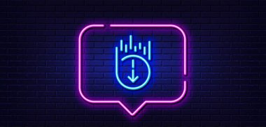 Neon ışığı konuşma balonu. Satır simgesini aşağı kaydır. Kaydırma ekranı işareti. Sayfayı aç. Neon ışıklı arka plan. Parlak çizgiyi aşağı kaydır. Tuğla duvar afişi. Vektör