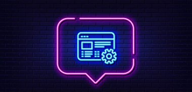 Neon ışığı konuşma balonu. Web ayarları satır simgesi. Mühendislik dişli araç tabelası. Çarklı dişli sembolü. Neon ışıklı arka plan. Web ayarları parlaklık hattı. Tuğla duvar afişi. Vektör