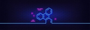 Neon ışık efekti. Kimyasal formül çizgisi simgesi. Kimya laboratuarı işareti. Analiz sembolü. 3D çizgi neon ışıklı ikon. Tuğla duvar afişi. Kimyasal formül taslağı. Vektör