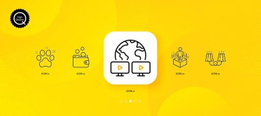 Artırılmış gerçeklik, video konferansı ve evcil hayvan dostu minimal çizgi simgeleri. Sarı soyut arkaplan. Şampuan ışığı, cüzdan para ikonları. İnternet, uygulama, baskı için. Vektör