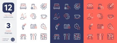 Zamanlayıcı, Yastık ve Takvim çizgisi simgeleri. Yemek, gece havası, çark simgeleri dahil. Marka elçisi, zor stres, zaman yönetimi web elementleri. Buzdolabı uygulaması, Espresso. Vektör