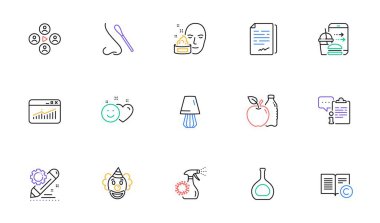 Web sitesi istatistikleri, Web sitesi, yazdırma, Proje düzenleme ve Video konferans hattı simgeleri. Burun testi koleksiyonu, masa lambası, yemek siparişi ikonları. Coronavirus spreyi, gülümse. Vektör