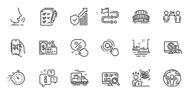 Web uygulaması için Card, Seo analitiği ve Global iş hattı simgelerinin ana hatları. Konuşma, bilgi, teslimat kamyonu taslak ikonu. Vektör