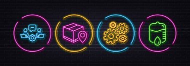 Çark, parsel takibi ve takım çalışması asgari çizgi simgeleri. Neon lazer 3D ışıklar. Sayaç simgelerini bırakın. İnternet, uygulama, baskı için. Mühendislik aracı, Paket konum kodu, uzaktan kumanda. Vektör
