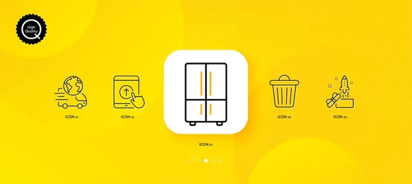 Refrigerador Papelera Deslizar Hasta Iconos Línea Mínima Fondo Abstracto Amarillo — Vector de stock