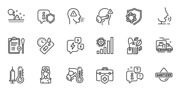 Webアプリケーション用のNaalテスト CoughおよびStressラインアイコンの概要セット トーク 配送トラックの概要アイコン Covidテスト Oculist医師 コロナウイルスアイコンが含まれています ベクトル — ストックベクタ
