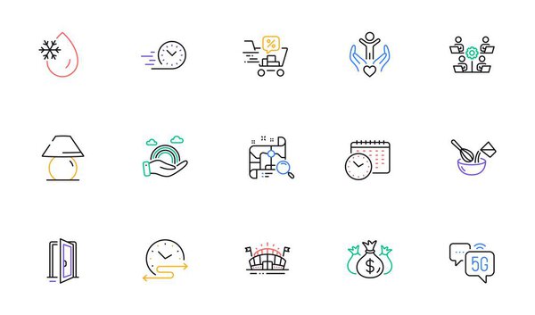 Open door, Discounts cart and Fast delivery line icons for website, printing. Collection of Freezing water, Check investment, Sports arena icons. Lgbt, Calendar time. Vector