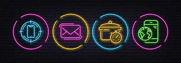 Smartphone Target Messenger Mail Boiling Pan Minimal Line Icons Neon — Stock Vector