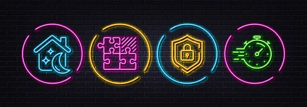 Puzzle Game Sleep Shield Minimal Line Icons Neon Laser Lights — Stock Vector