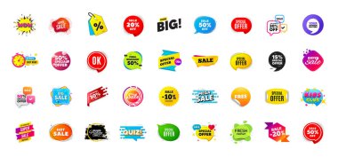 İndirimli etiket pankartları. Fiyat indirimi etiketleri. Kara Cuma özel teklif etiketleri. İndirimli balon kuponu. Promosyon indirimli afiş şablonları tasarımı. Promosyon teklif etiketi. Flaşlı rozetler. Vektör